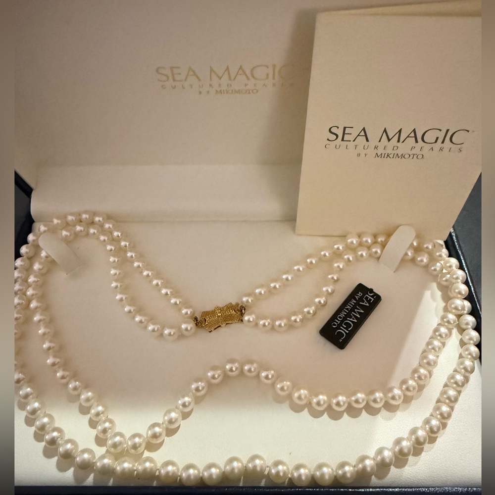 Mikimoto Sea Magic Double Strand White Pearl Necklace with Gold Clasp